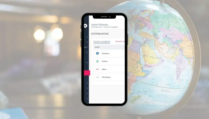 Smartphone mostra canali di distribuzione per Hotel Villasole, inclusi Amadeus e Galileo, nel settore GDS.