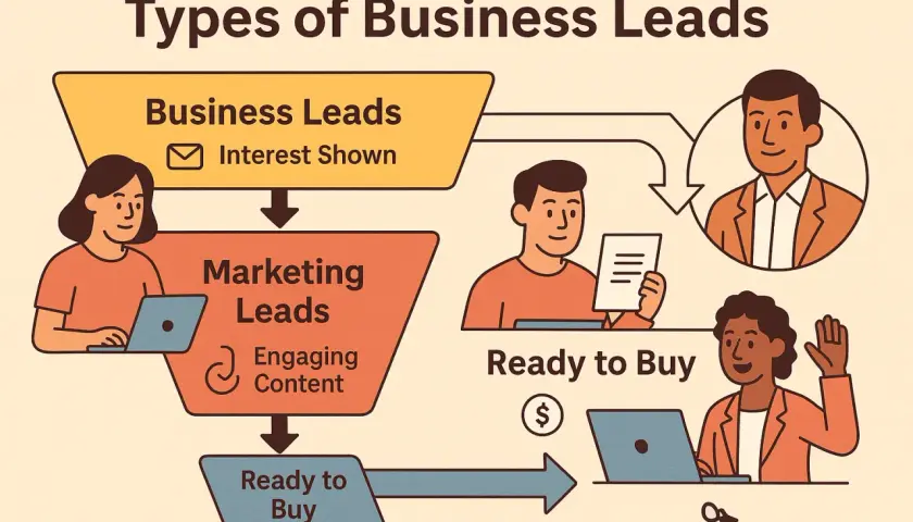 Schema che illustra cosa sono i lead: da "Interesse Mostrato" a "Marketing Leads" con "Contenuti Coinvolgenti", fino a "Pronto all'Acquisto".