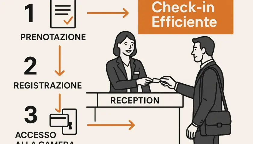 Schema di un efficiente check-in in hotel: 1. Prenotazione, 2. Registrazione alla reception, 3. Accesso alla camera.