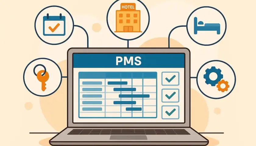 Il significato di PMS: un laptop mostra un programma con icone di hotel, letto, calendario, chiave e ingranaggi, che simboleggiano la gestione alberghiera.