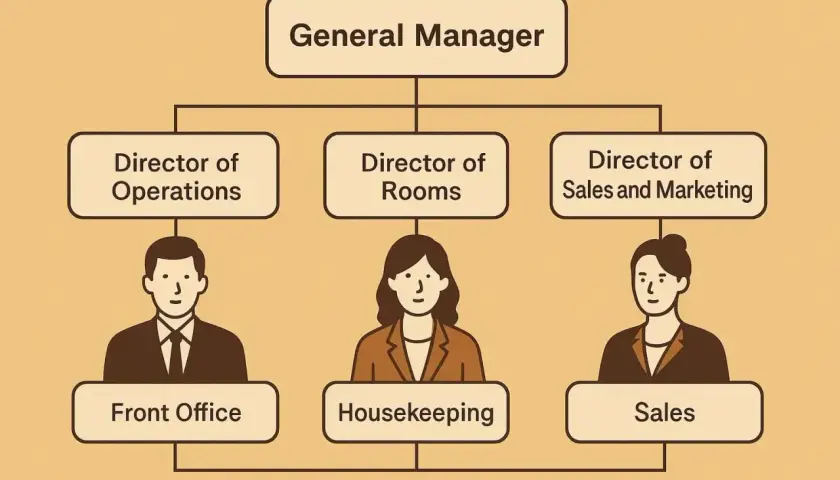 Organigramma di un hotel: General Manager, Direttori Operazioni, Camere, Vendite e Marketing, con ruoli di Front Office, Housekeeping e Sales.
