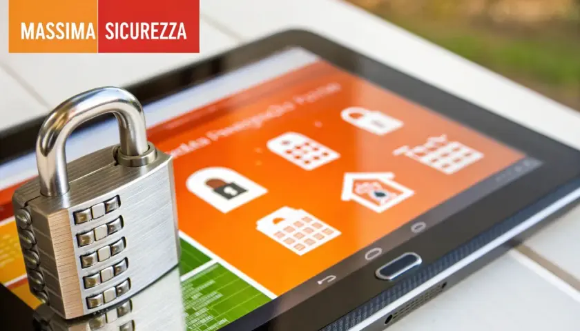 Lucchetto su tablet con icone di sicurezza. Il software check-in garantisce la massima protezione.