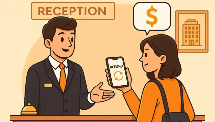 Alla reception dell'hotel, una cliente mostra il telefono con la scritta "REFUND" e un simbolo di rimborso, mentre il receptionist indica il denaro.