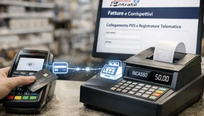Pagamento con carta su un terminale POS, collegato a un registratore di cassa. L'obbligo POS è una realtà per semplificare le transazioni.