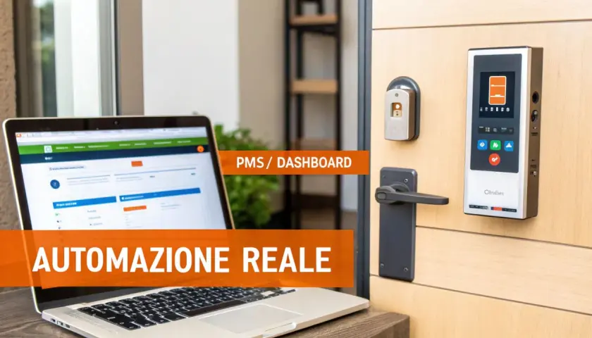 Laptop con dashboard PMS e serratura smart per self check-in Airbnb.