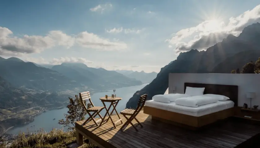 Vista mozzafiato da una casa vacanza: letto king-size, tavolino con sedie e panorama alpino. Pro e contro di un soggiorno così esclusivo.