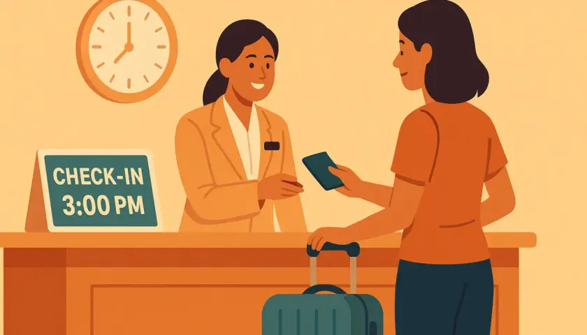 Ricezione hotel: la receptionist sorride mentre consegna una chiave a un ospite con una valigia. Il cartello indica "CHECK-IN 3:00 PM".