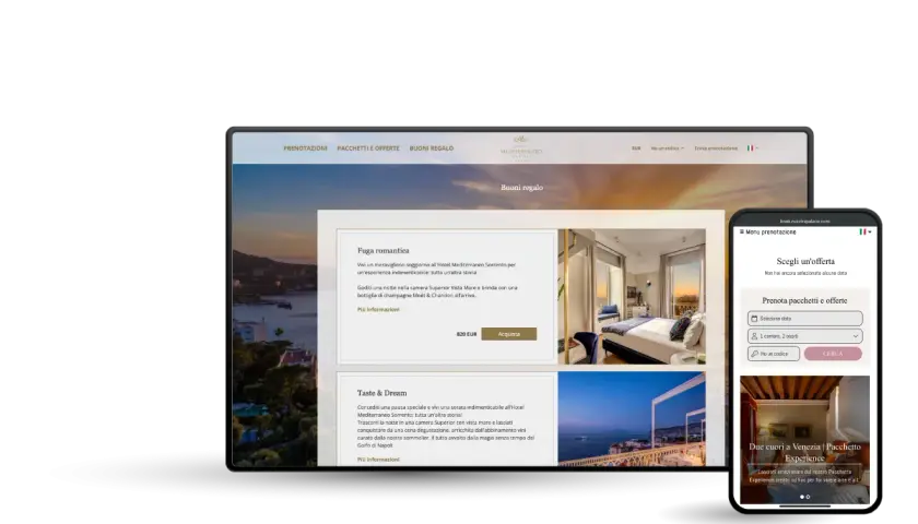 Interfaccia di un booking engine con offerte speciali e pacchetti regalo per soggiorni in hotel.