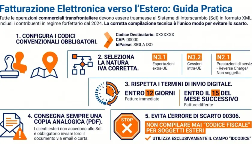 Guida alla fatturazione elettronica estera: configurazione codici, natura IVA, termini di invio, consegna analogica e gestione codici fiscali per evitare scarti.