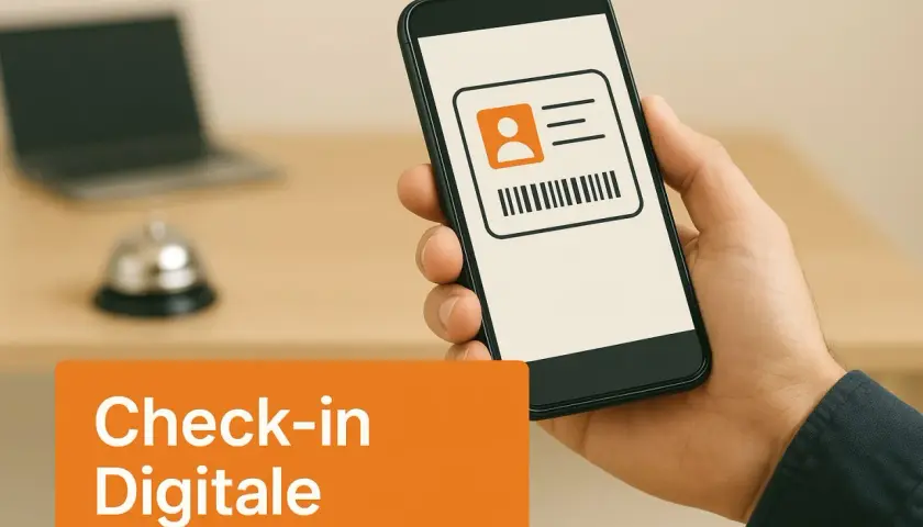 Smartphone con badge digitale e testo "Check-in Digitale". Scopri self check-in Airbnb come funziona per un arrivo senza pensieri.