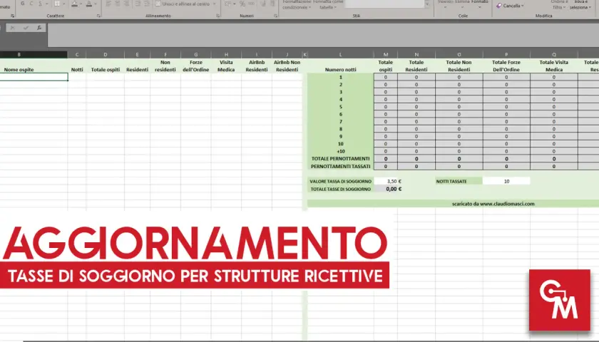 Foglio di calcolo per calcolare come pagare la tassa di soggiorno al comune. Mostra notti, ospiti e importi.
