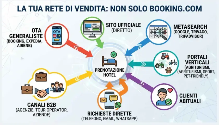 Schema del marketing alberghiero: OTA, sito ufficiale, metasearch, portali verticali, B2B, richieste dirette e clienti abituali confluiscono nella prenotazione hotel.