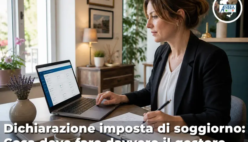 Gestore che lavora al computer, con un quaderno e una penna. La didascalia spiega come funziona la tassa di soggiorno per i gestori.