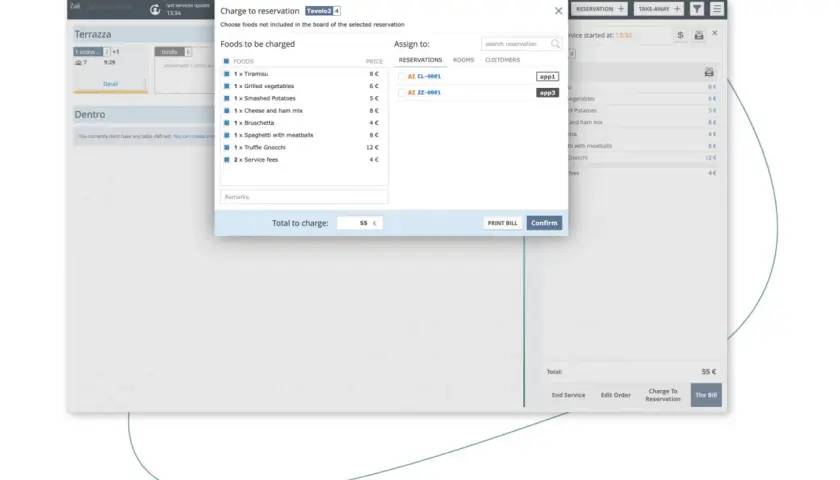 Interfaccia di un software gestione ristorante gratis: dettaglio ordini e conto per tavolo.