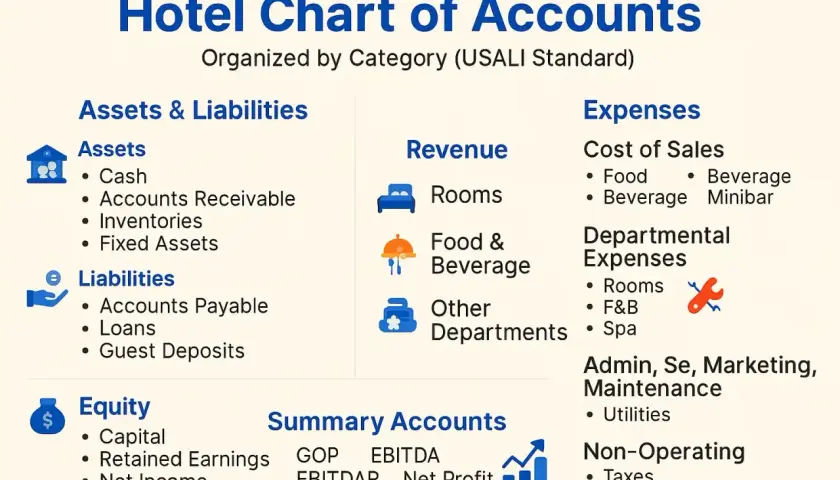 Schema del piano dei conti di un hotel, con categorie come Attività, Passività, Ricavi, Costi e Spese.