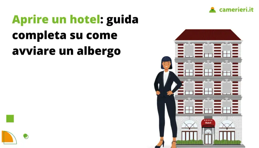 Guida completa per avviare un hotel. Una donna in giacca e pantaloni posa davanti a un edificio che rappresenta un'attività alberghiera.