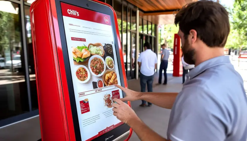 Uomo usa un self ordering kiosk rosso per ordinare cibo da Chili's, con immagini di piatti sul touchscreen.