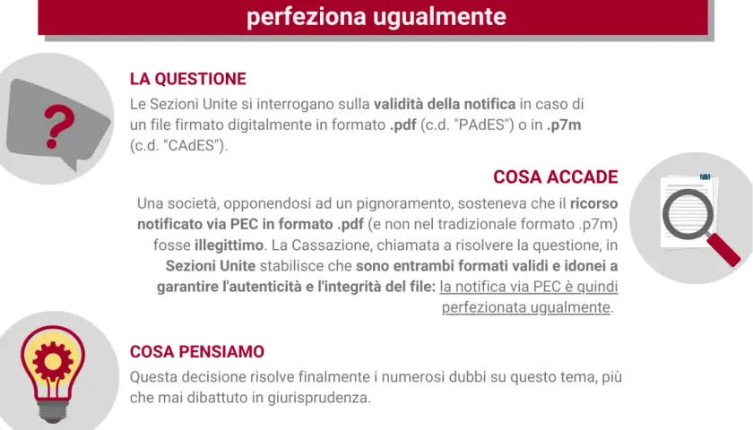 La notifica via PEC è valida sia in formato .pdf (PAdES) che .p7m (CADES), perfezionata ugualmente.