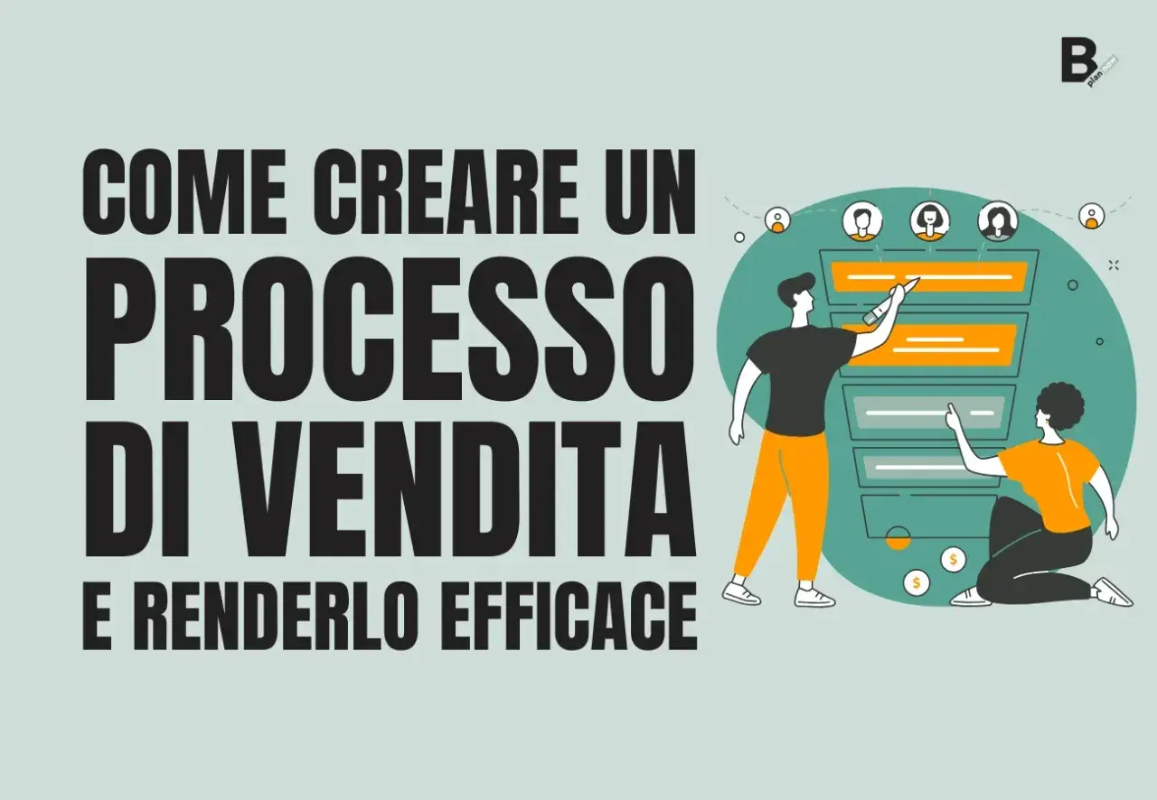 Illustrazione che mostra come creare un processo di vendita efficace, con persone che interagiscono con un funnel di vendita stilizzato.