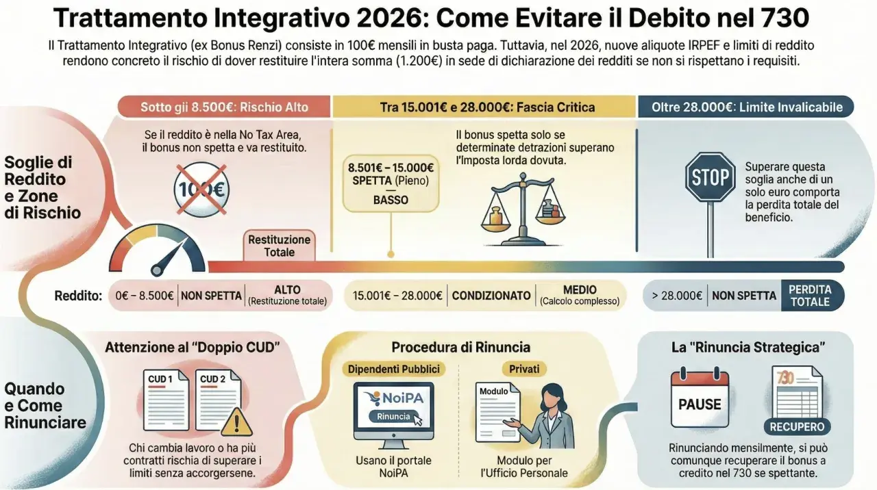 Il Trattamento Integrativo 2026: soglie di reddito e rischio di restituzione. Evitare il debito nel 730 con una gestione attenta.