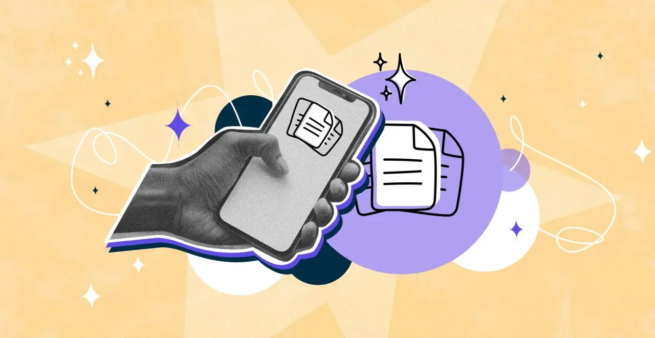 Mano che tiene smartphone per scannerizzare carta d'identità sulla stessa pagina. Icona di documento stilizzato.