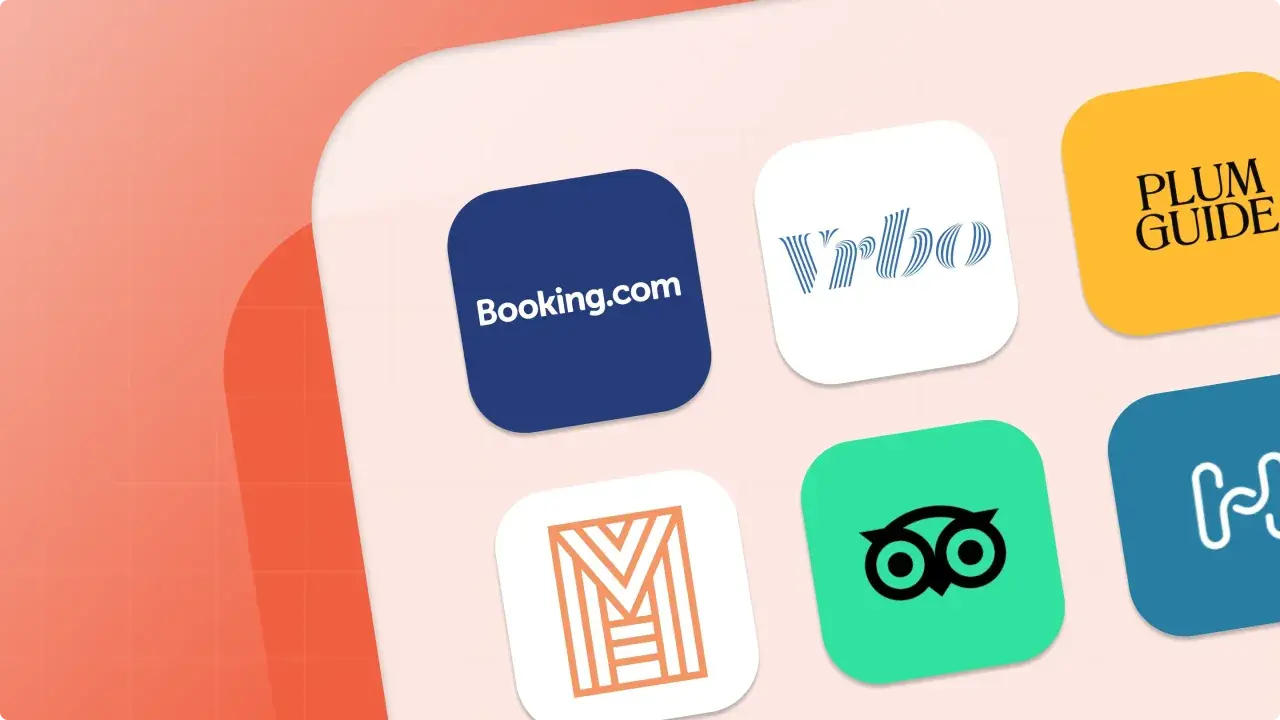 Loghi di piattaforme per prenotare alloggi: Booking.com, Vrbo, Plum Guide, e altre alternative ad Airbnb per trovare la tua prossima vacanza.