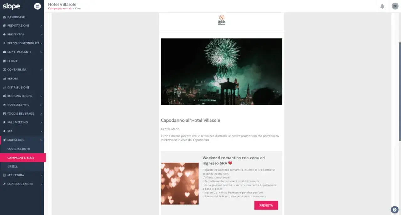 Anteprima di una campagna email per l'Hotel Villasole, con fuochi d'artificio e offerta SPA.