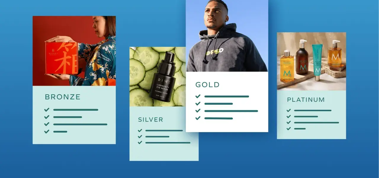 Livelli Bronze, Silver, Gold e Platinum per programmi fedeltà. Immagini di prodotti e persone associate a ciascun livello.