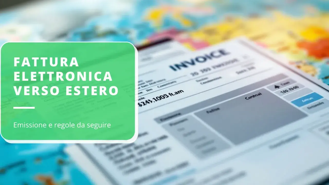 Fattura elettronica verso estero: emissione e regole da seguire. Un documento di fattura è visibile sullo sfondo di una mappa.