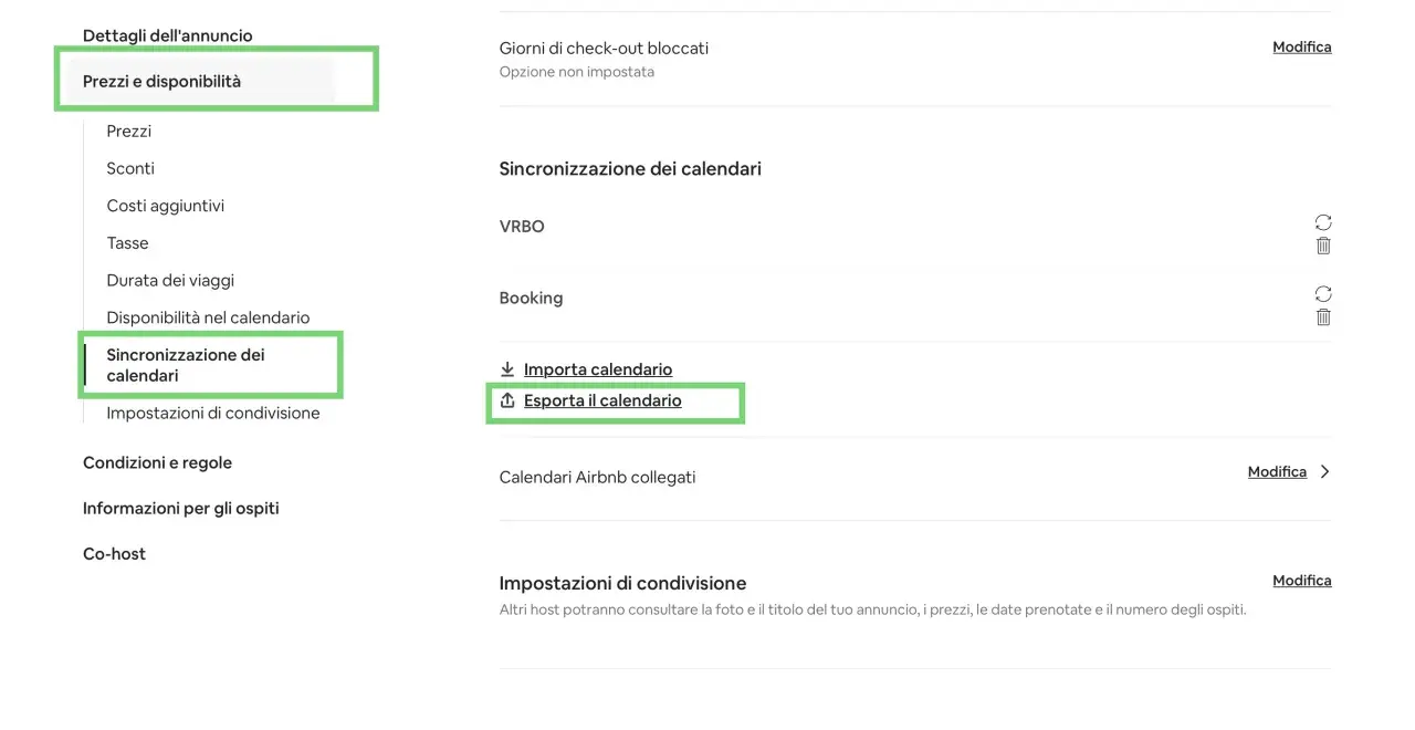 Schermata di gestione di un ical Airbnb. Selezionata la sincronizzazione dei calendari, con opzione per esportare il calendario.