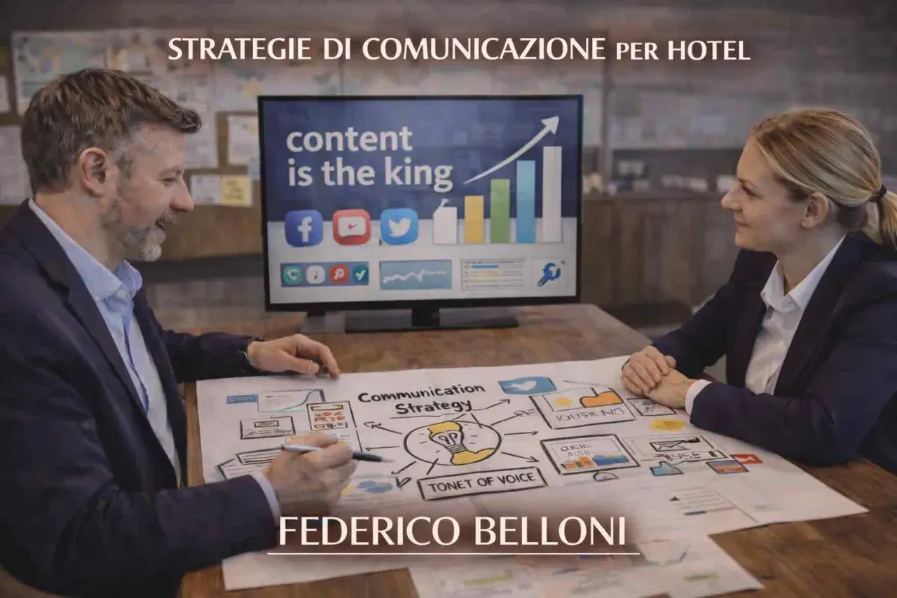 Uomini d'affari discutono strategie di comunicazione per hotel, con un diagramma di "Communication Strategy" e uno schermo che mostra "content is the king". Ottimi consigli di marketing.