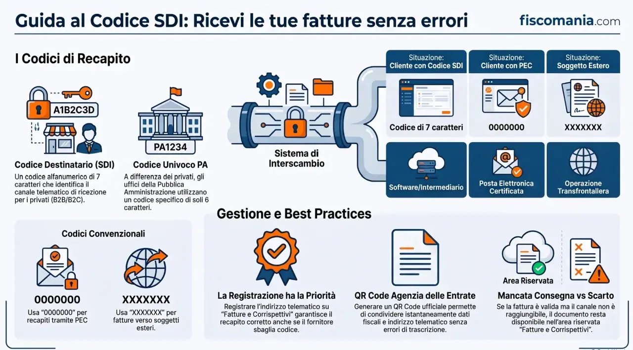 Guida al Codice SDI: ricevi fatture senza errori. Illustra i codici di recapito, il Sistema di Interscambio e le best practices per la gestione delle fatture elettroniche.