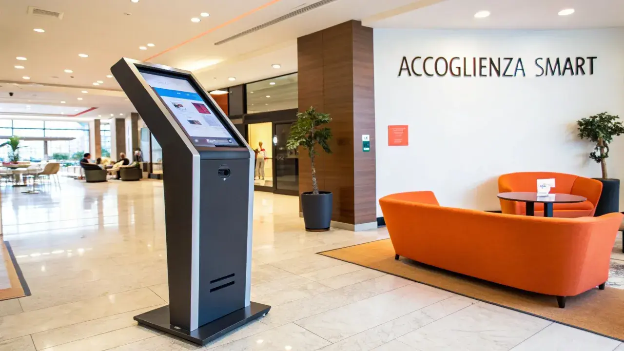 Chiosco per check in automatico b&b. Accoglienza smart con divani arancioni e piante.