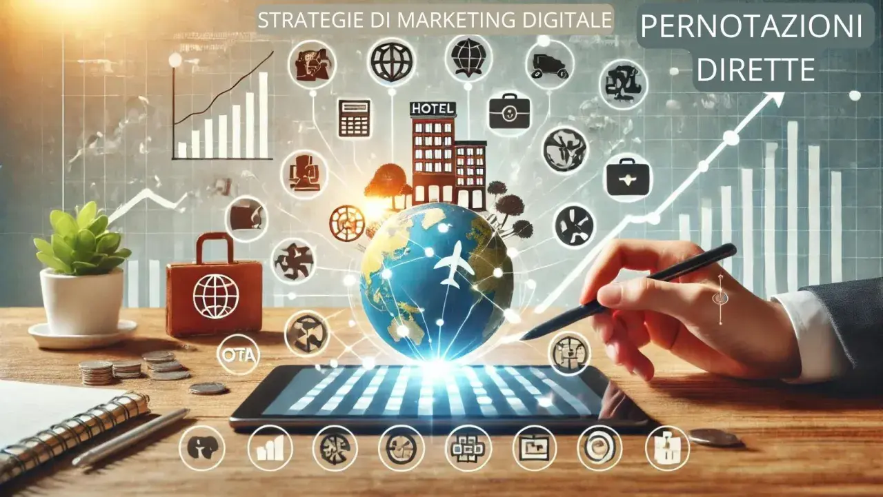 Strategie di marketing digitale per prenotazioni dirette: un globo terrestre con aereo, hotel e icone di business, con un tablet che mostra grafici e la scritta OTA.