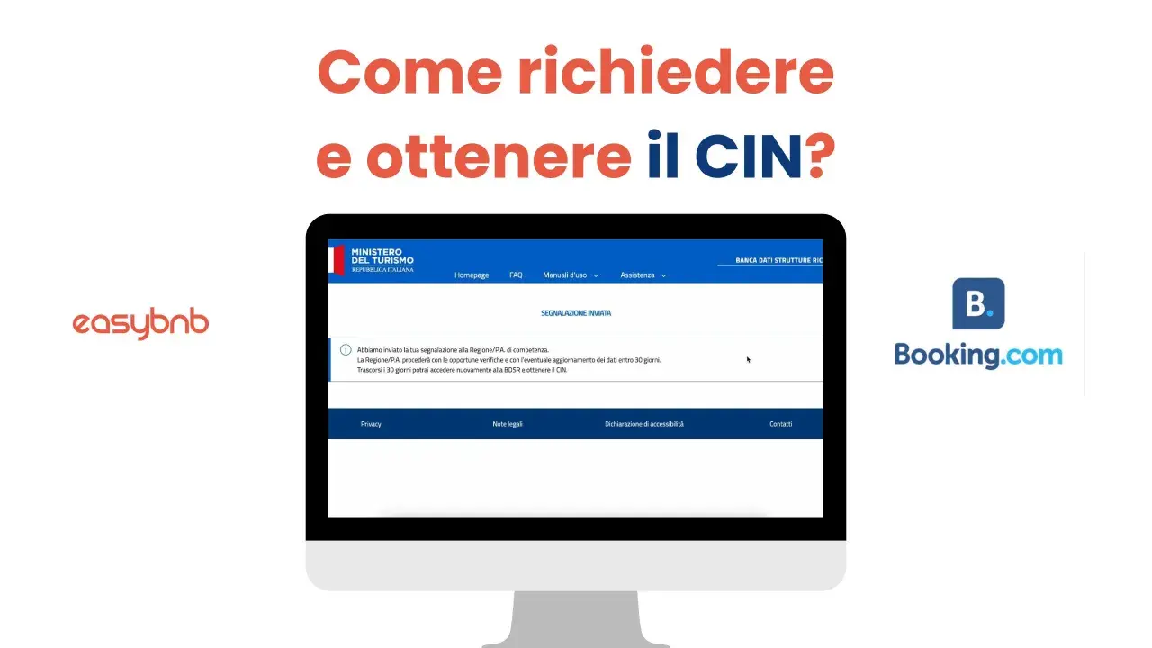 Schermata che spiega come ottenere il CIN, con logo Ministero del Turismo e Booking.com.