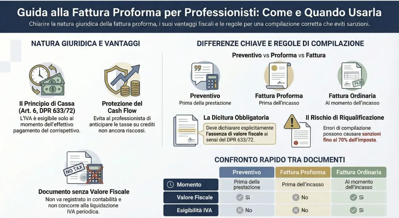 Guida alla fattura proforma per professionisti: natura, vantaggi e regole di compilazione per evitare sanzioni. Confronto rapido tra preventivo, fattura proforma e fattura ordinaria.