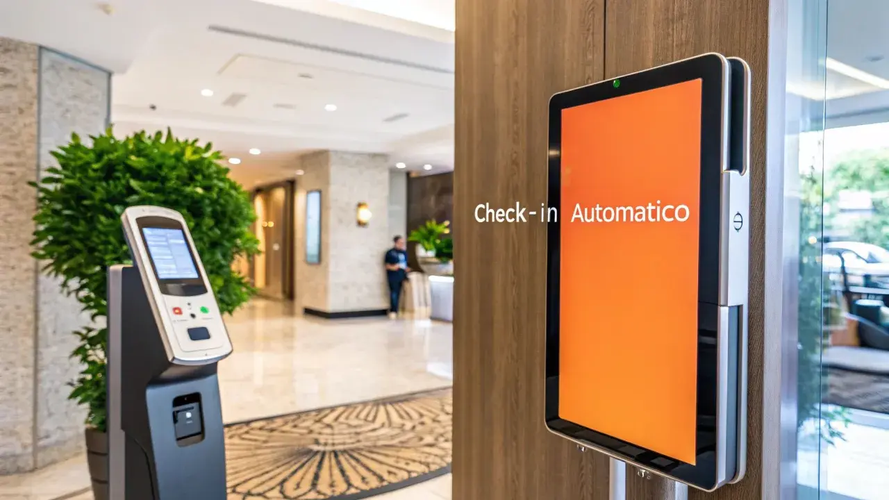 Un totem per il **smart check-in** in un hotel moderno. Un tablet mostra "Check-in Automatico" su sfondo arancione.