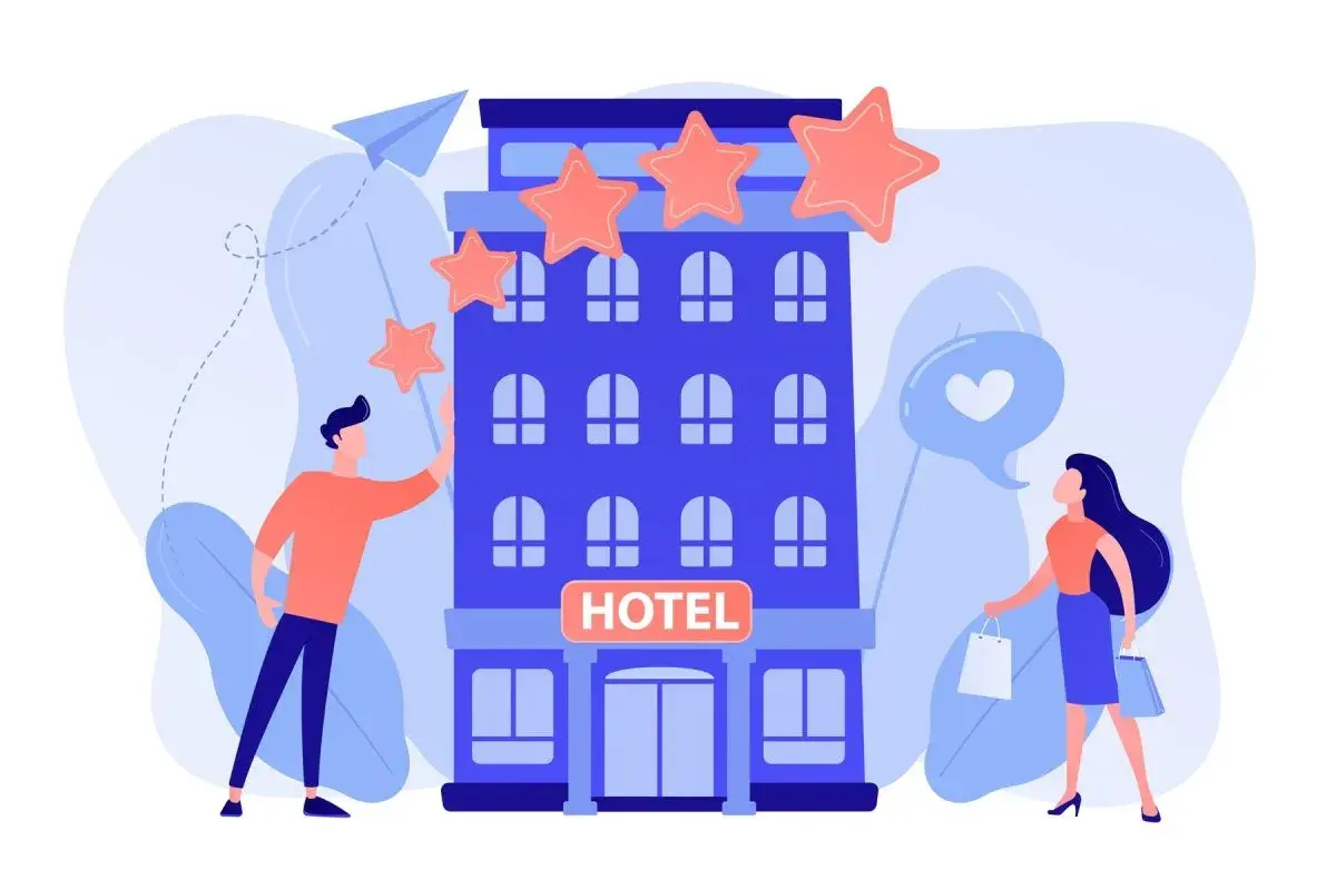 Un uomo aggiunge stelle a un hotel, mentre una donna con borse della spesa riceve un cuore in un fumetto. I requisiti hotel 3 stelle sono soddisfatti.