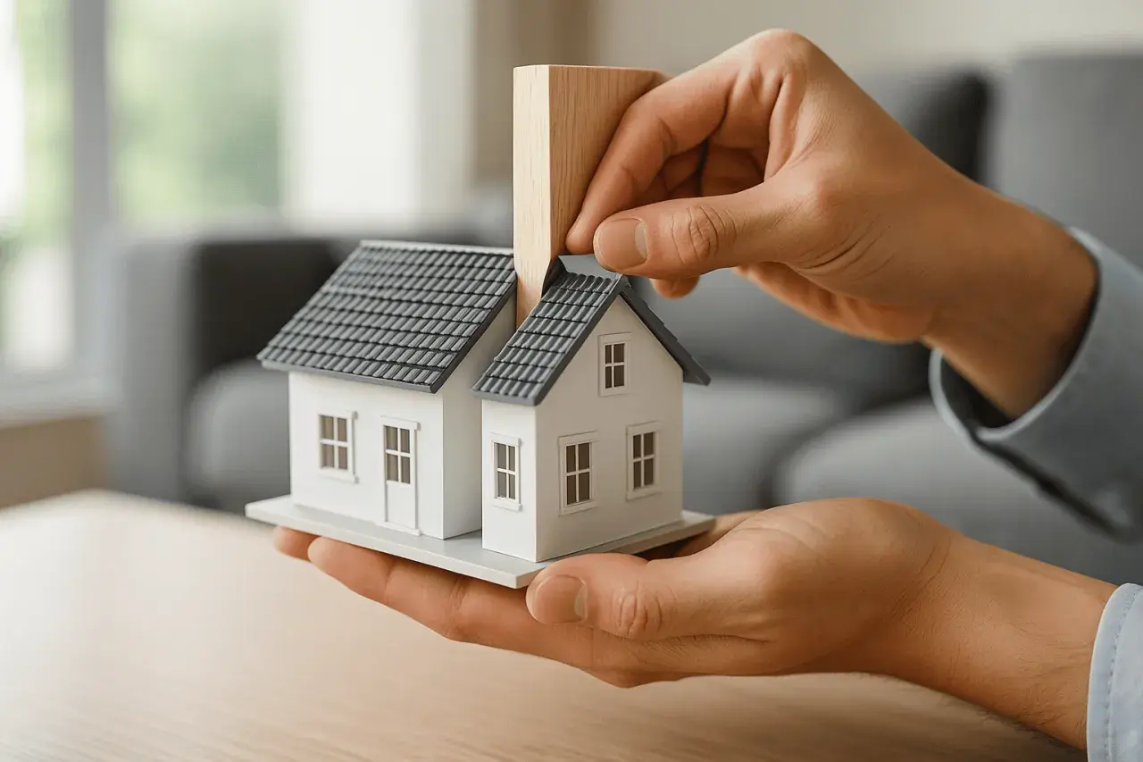 Mani che costruiscono un modello di casa, simbolo di un investimento immobiliare o di un futuro apart hotel.