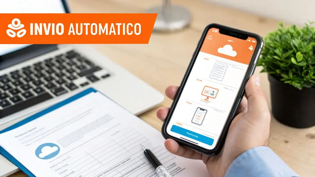 Mano che tiene uno smartphone con app per invio automatico, accanto a un laptop e documenti.