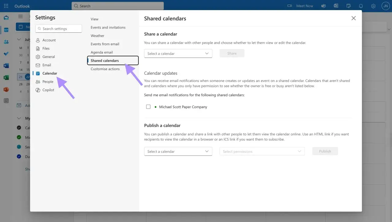 Impostazioni di Outlook: condivisione calendari. Seleziona un calendario per condividerlo o pubblicarlo, creando un ical link.