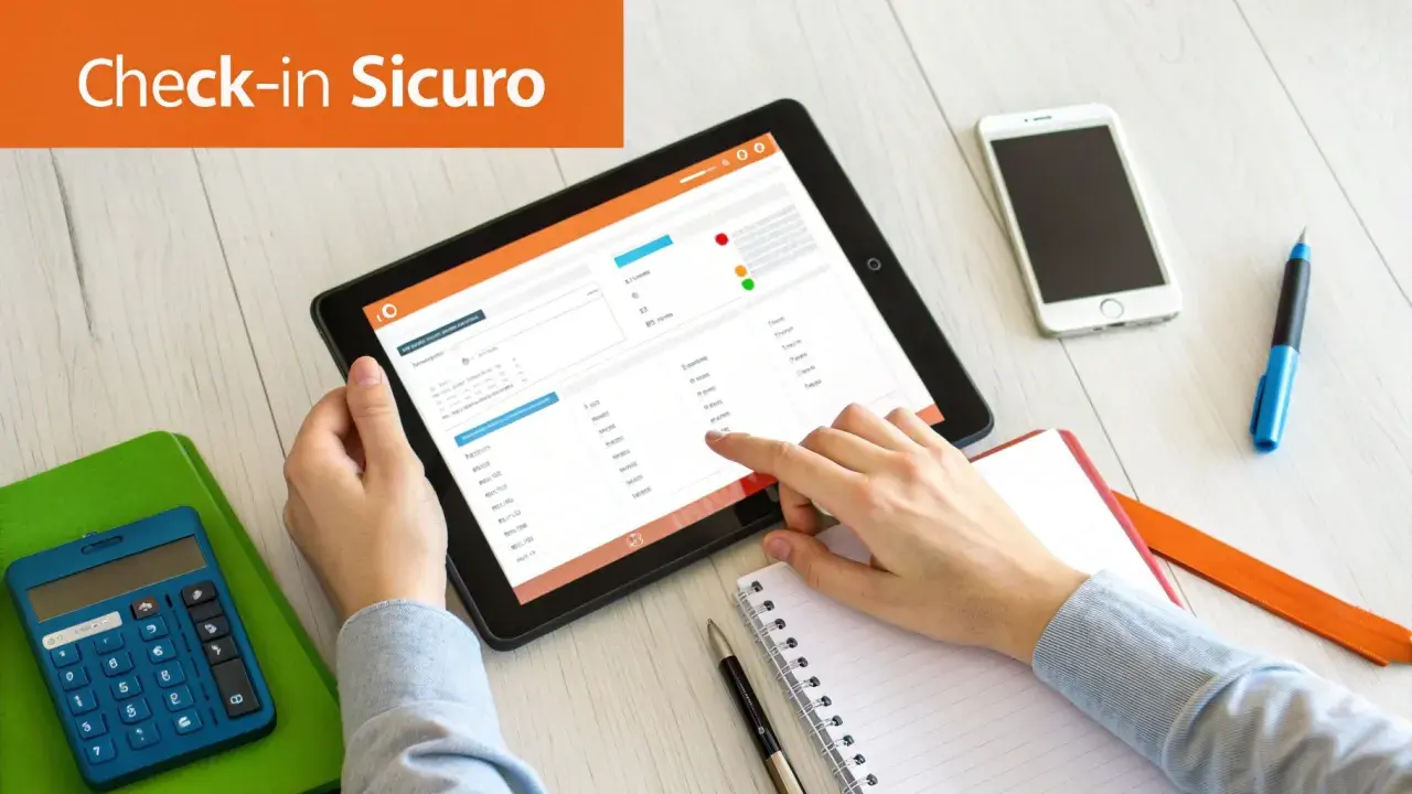 Mano che interagisce con un tablet mostrando dati, forse un **codice MRZ**, accanto a smartphone, calcolatrice e quaderno.