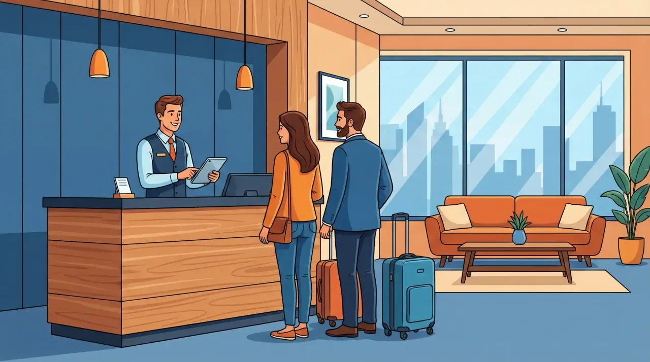 Coppia con valigie al check-in, il receptionist li accoglie. Istat alloggiati in hotel.
