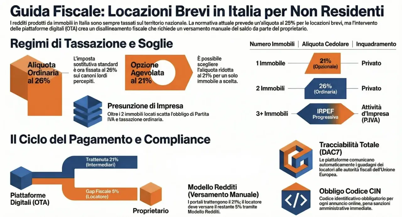 Guida fiscale per locazioni brevi: aliquota ordinaria 26%, opzione agevolata 21%. La tassa di soggiorno affitti brevi è gestita da piattaforme digitali.