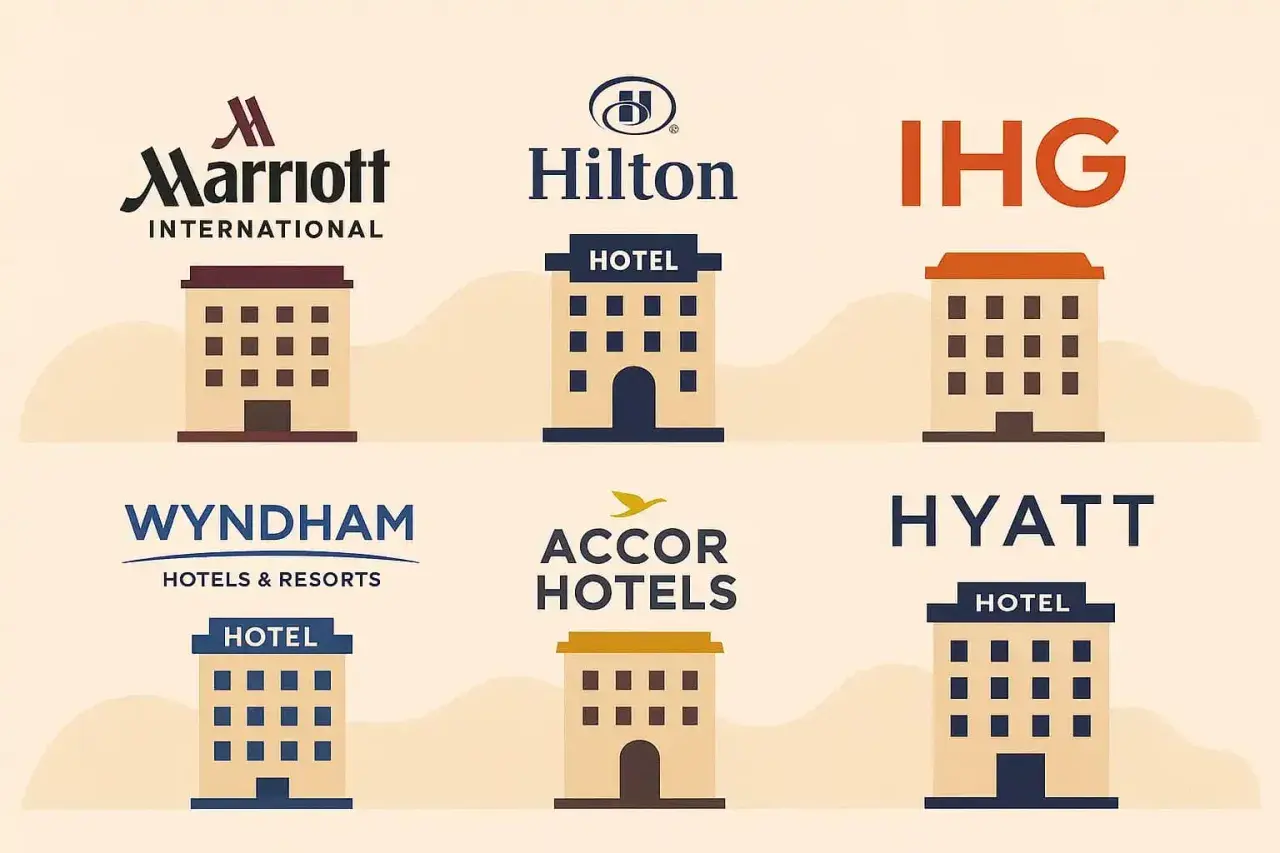 Loghi di catene hotel USA: Marriott, Hilton, IHG, Wyndham, Accor, Hyatt. Icone di hotel stilizzate.