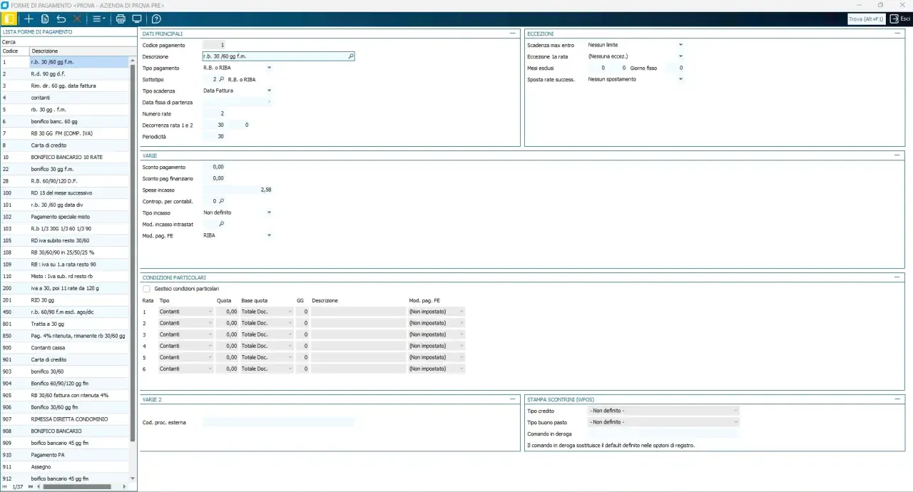 Interfaccia software per la gestione delle forme di pagamento, con dettagli su codici, descrizioni e condizioni particolari. La rimessa diretta è una delle opzioni disponibili.