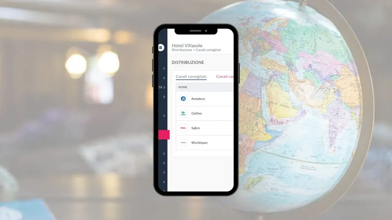 Smartphone mostra canali di distribuzione per Hotel Villasole, inclusi Amadeus e Galileo, nel settore GDS.