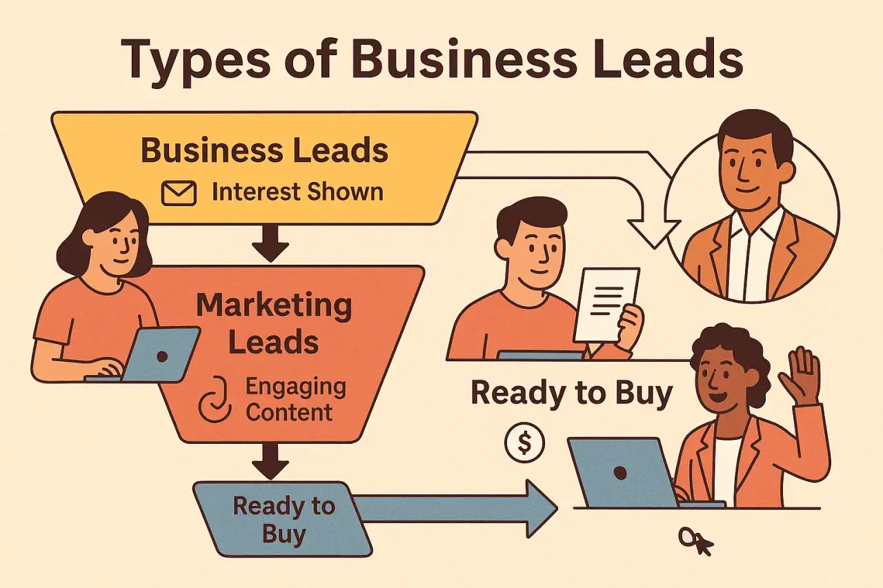 Schema che illustra cosa sono i lead: da "Interesse Mostrato" a "Marketing Leads" con "Contenuti Coinvolgenti", fino a "Pronto all'Acquisto".