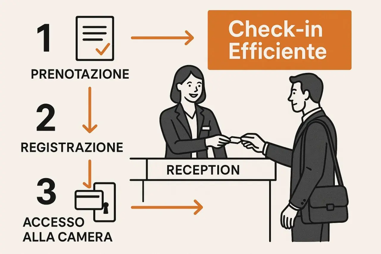 Schema di un efficiente check-in in hotel: 1. Prenotazione, 2. Registrazione alla reception, 3. Accesso alla camera.