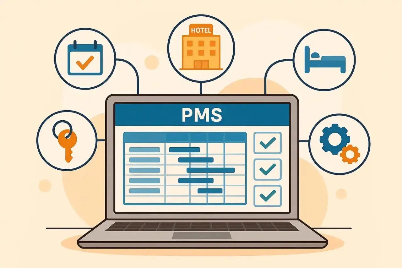 Il significato di PMS: un laptop mostra un programma con icone di hotel, letto, calendario, chiave e ingranaggi, che simboleggiano la gestione alberghiera.
